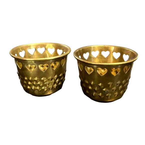 2 Vintage Solid Brass Heart Pattern Votive Candle Holder Made in India 2.5" - Picture 1 of 4